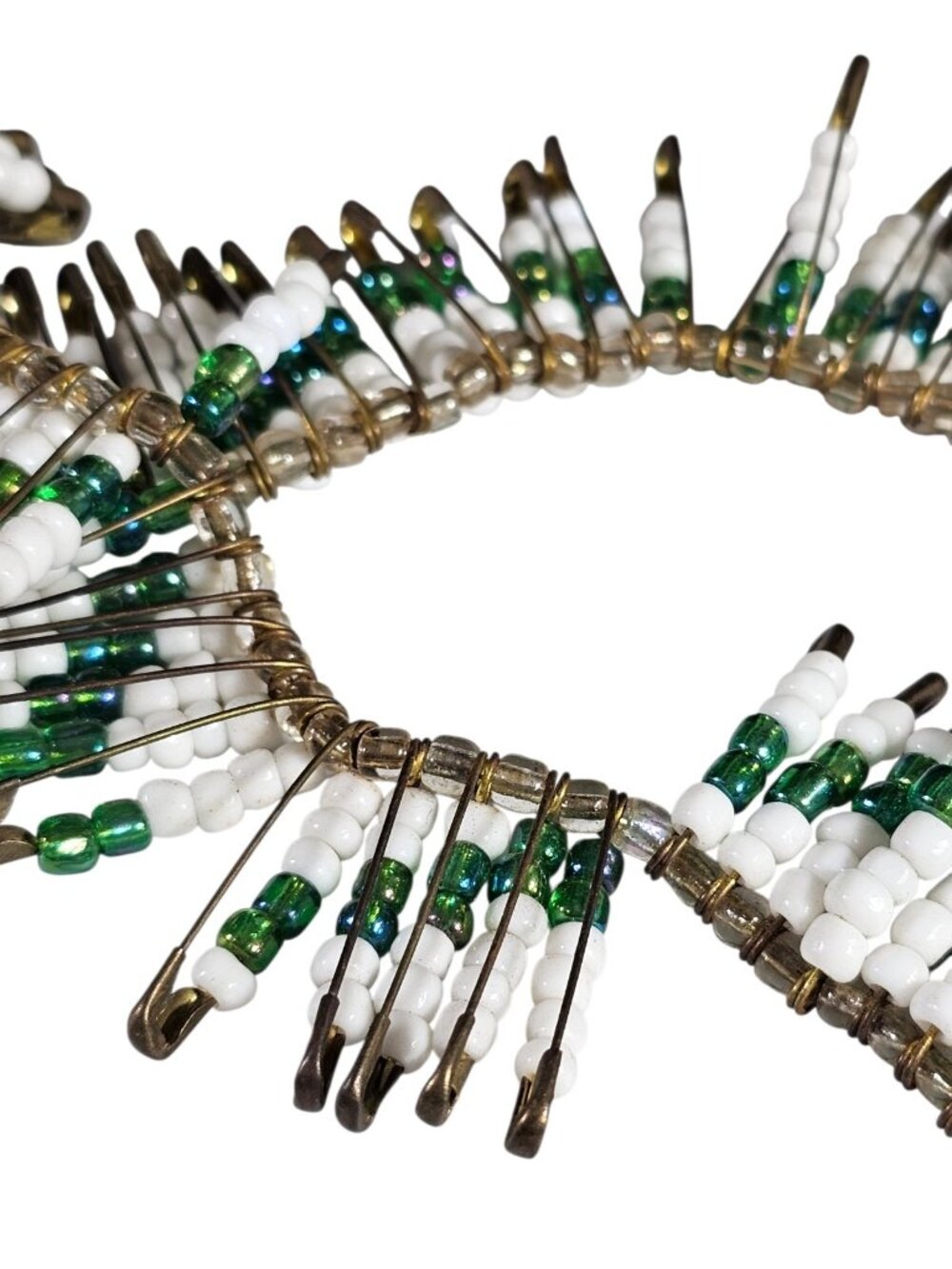 Safety Pin Beaded Necklace 22.5” White Green Glass Beads Statement Boho Tribal - Picture 8 of 10